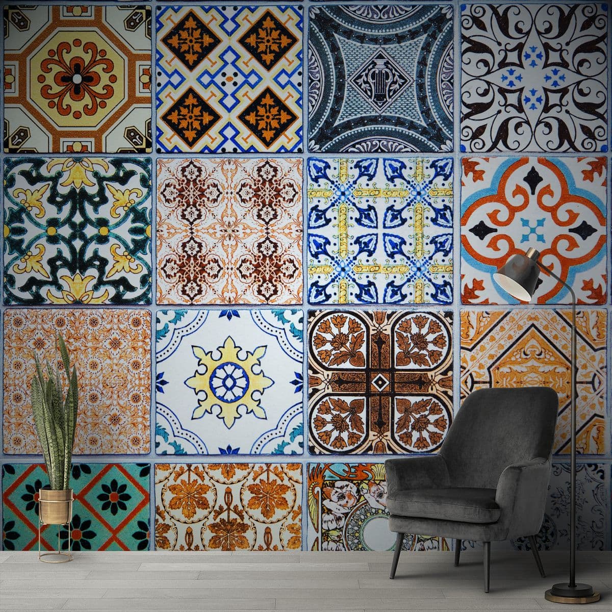 Modern Azulejo Mural Wallpaper for Walls shown in a room