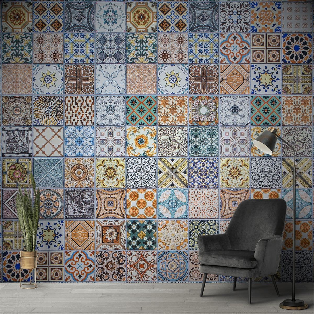 Traditional Portuguese Azulejo Tile Art Wallpaper shown in a room