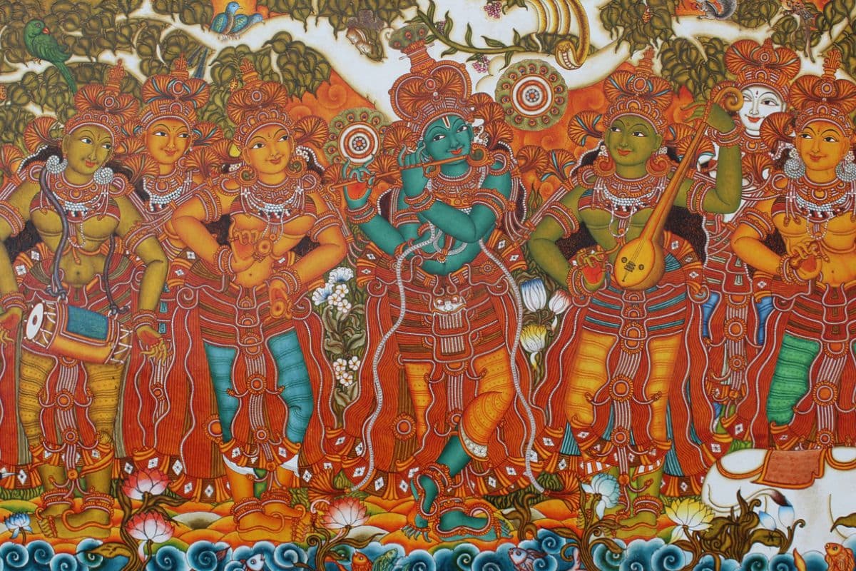 Radha Krishna Kerala Mural Painting Wallpaper pattern detail