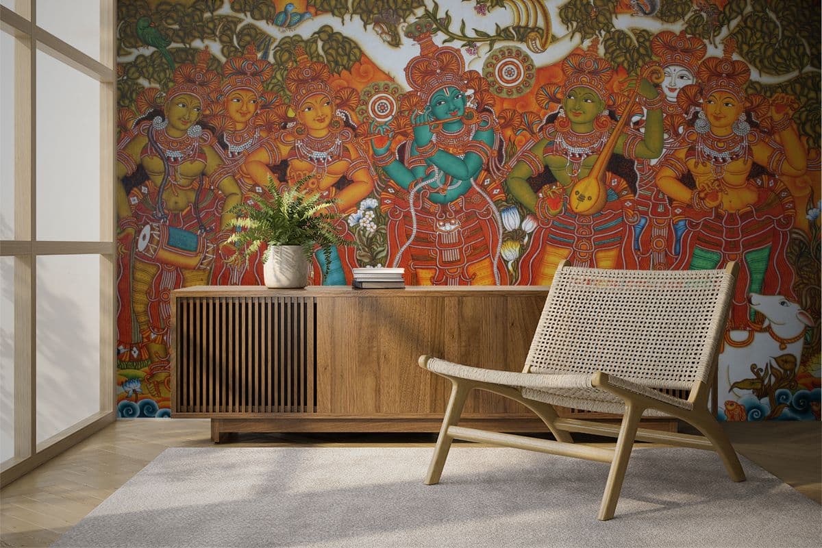 Radha Krishna Kerala Mural Painting Wallpaper shown in a room