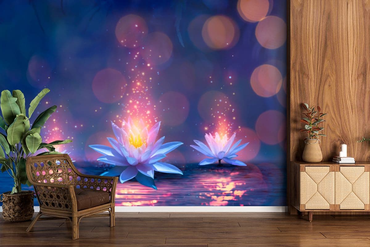 Magic Lotus Flower On Water Wallpaper Mural shown in a room