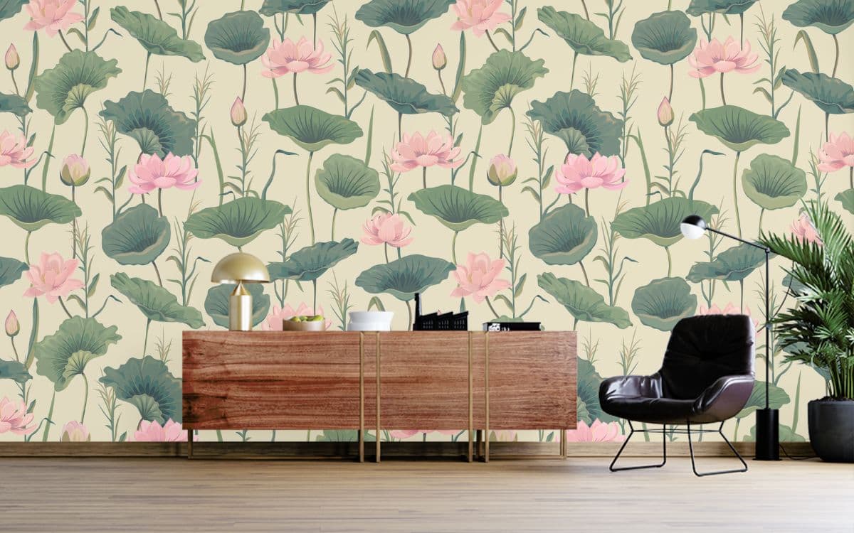Serene Pink Lotus and Reeds Wallpaper for Wall shown in a room