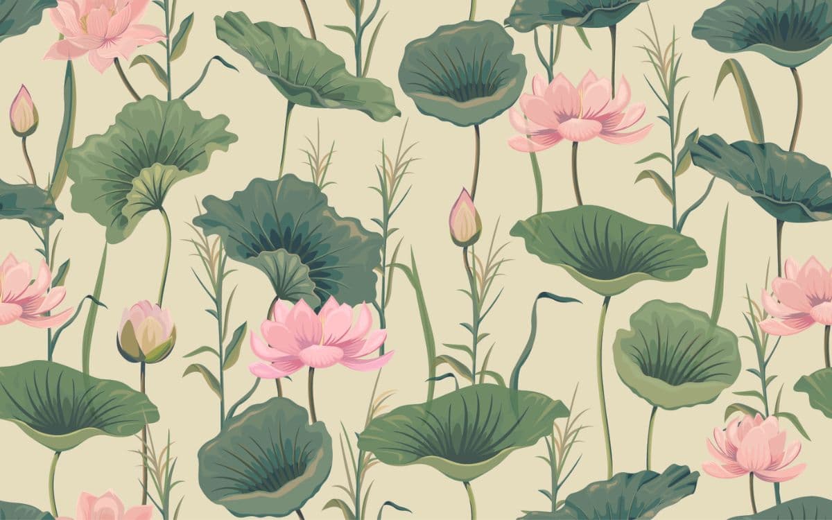 Serene Pink Lotus and Reeds Wallpaper for Wall pattern detail