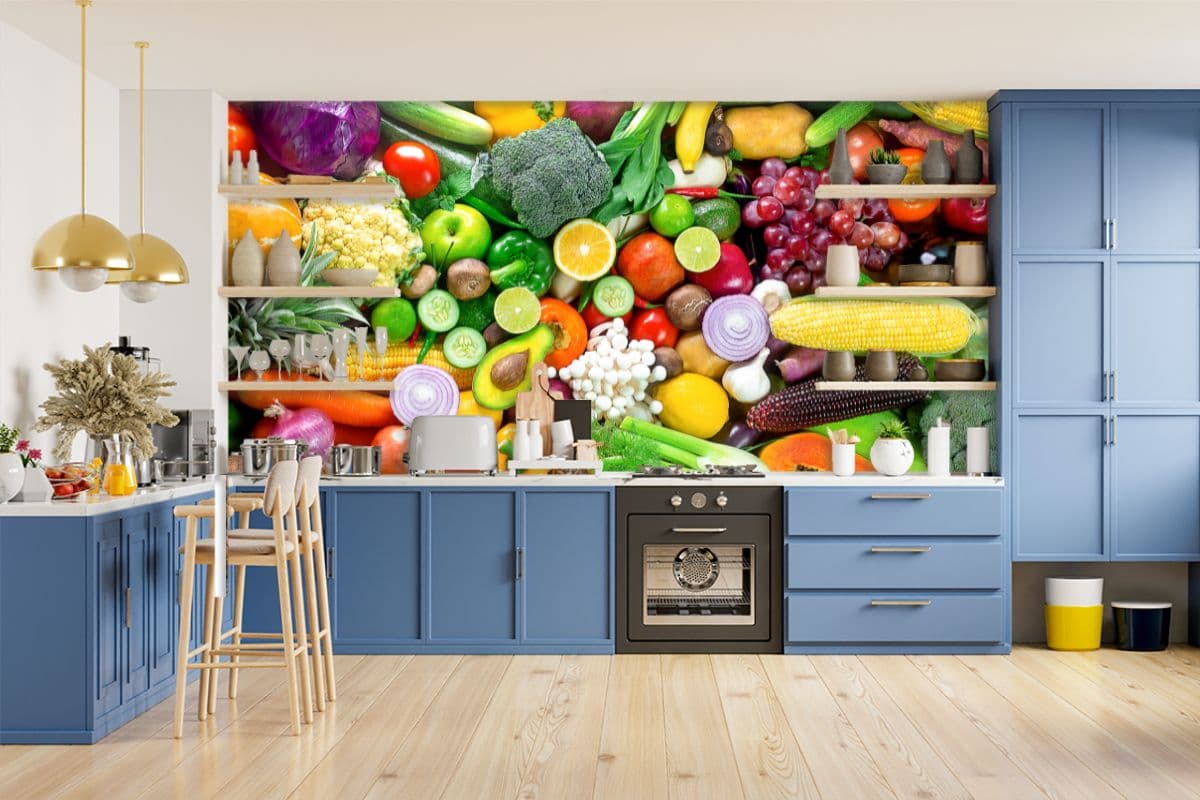 Fresh Vegetables and Fruits Wallpaper for Wall shown in a room