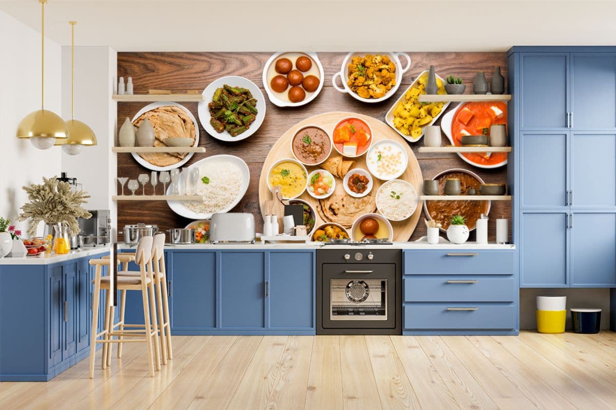 Indian Food Platter Wallpaper for Wall shown in a room