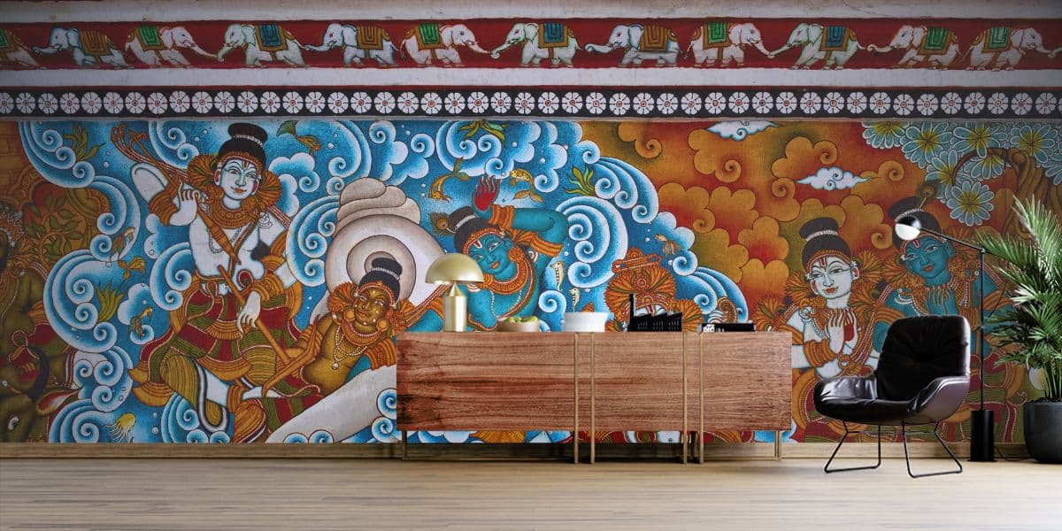 Graceful Kerala Mural Painting Wallpaper shown in a room