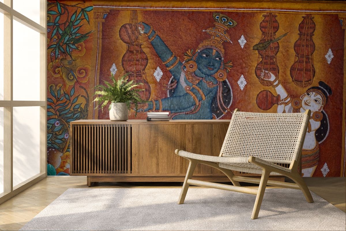 Kerala Heritage Fresco Wallpaper shown in a room