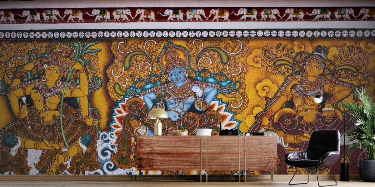 Timeless Kerala Mural Impressions Traditional Art Wallpaper shown in a room