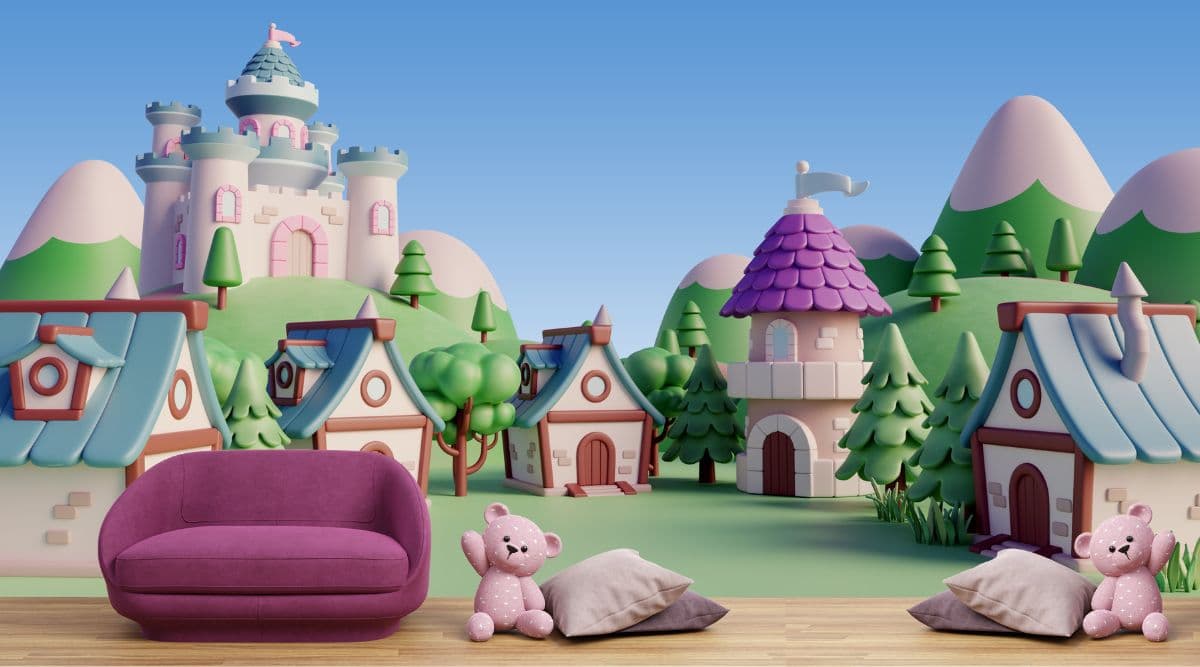 3D Kids Room Royal Castle Wallpaper shown in a room