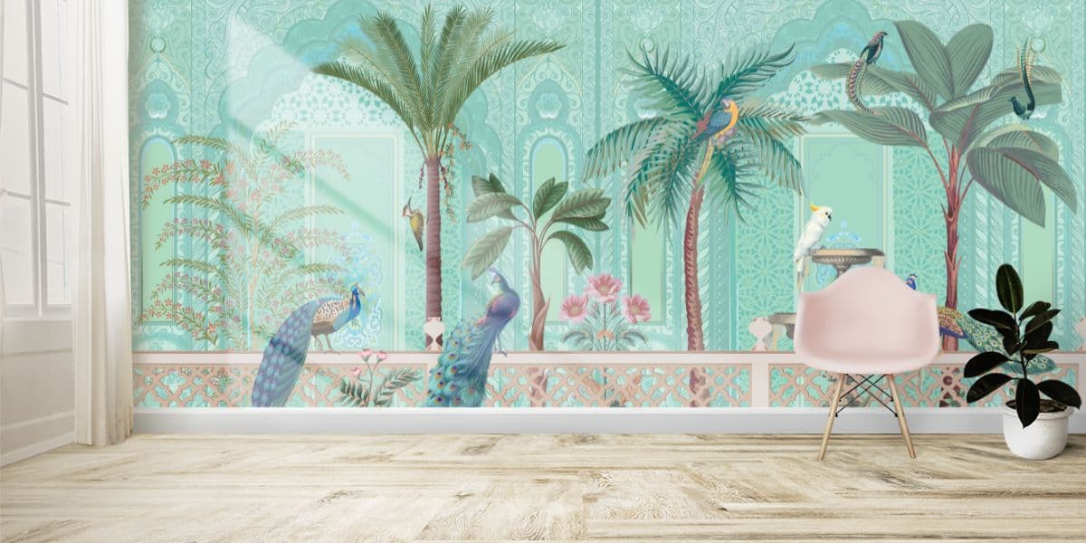 Birds Palace Garden Royal Wallpaper for Wall shown in a room