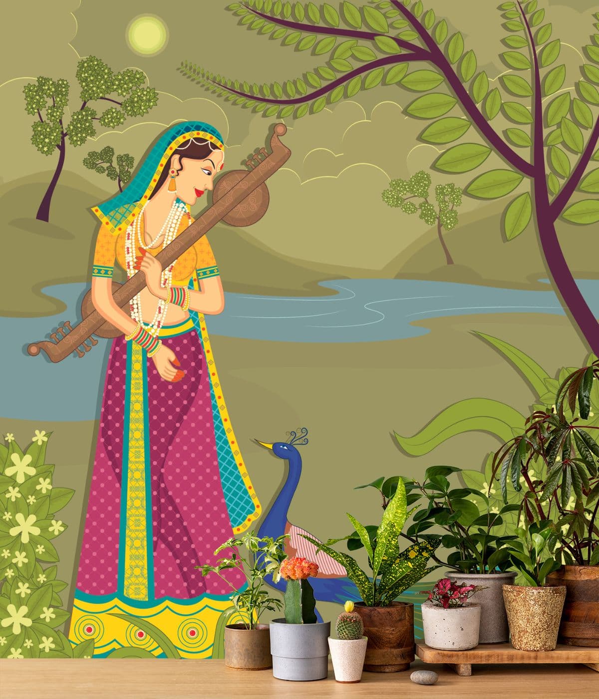 Lady With Peacock In Royal Indian Art Style Wallpaper for Wall shown in a room