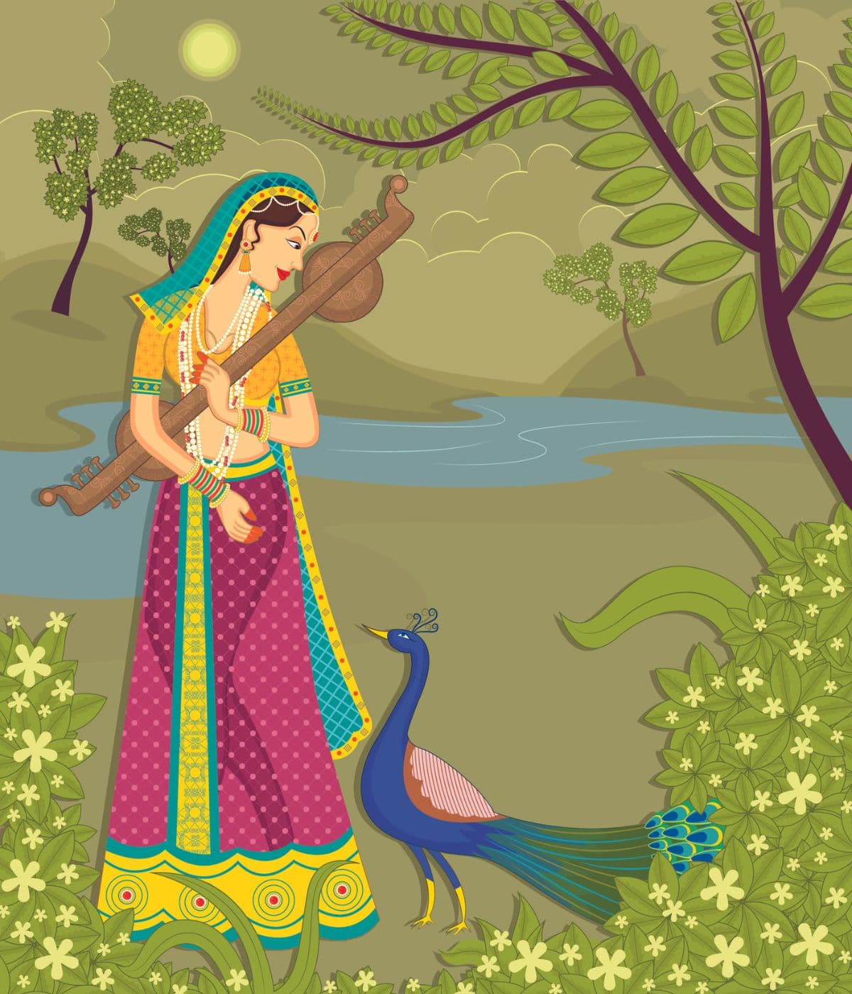 Lady With Peacock In Royal Indian Art Style Wallpaper for Wall pattern detail