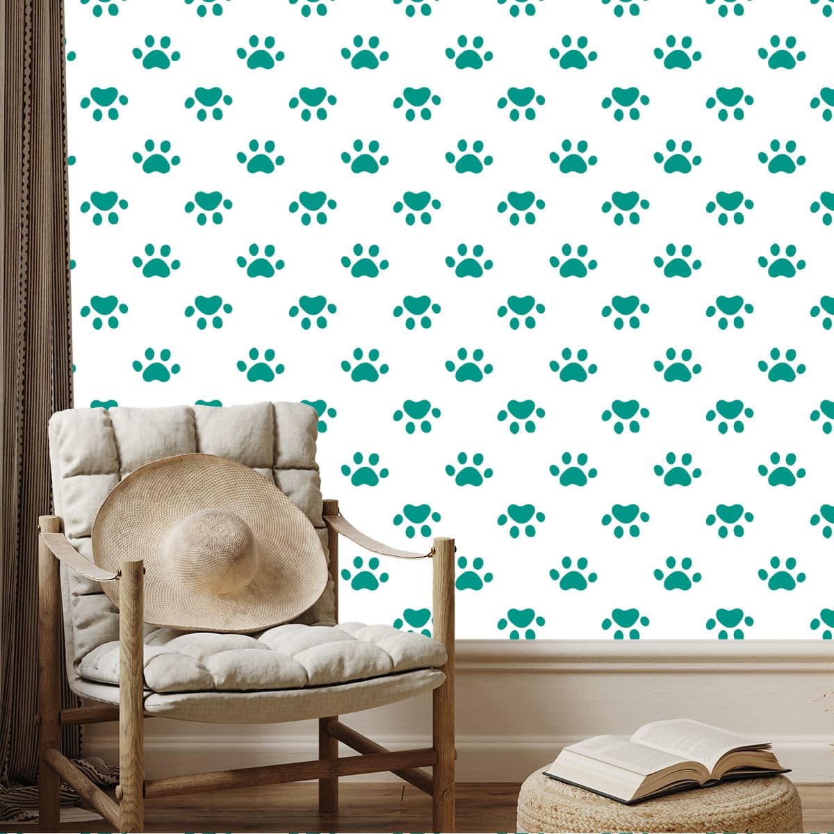 Pattern With Teal Cute Paws Wallpaper for Wall shown in a room