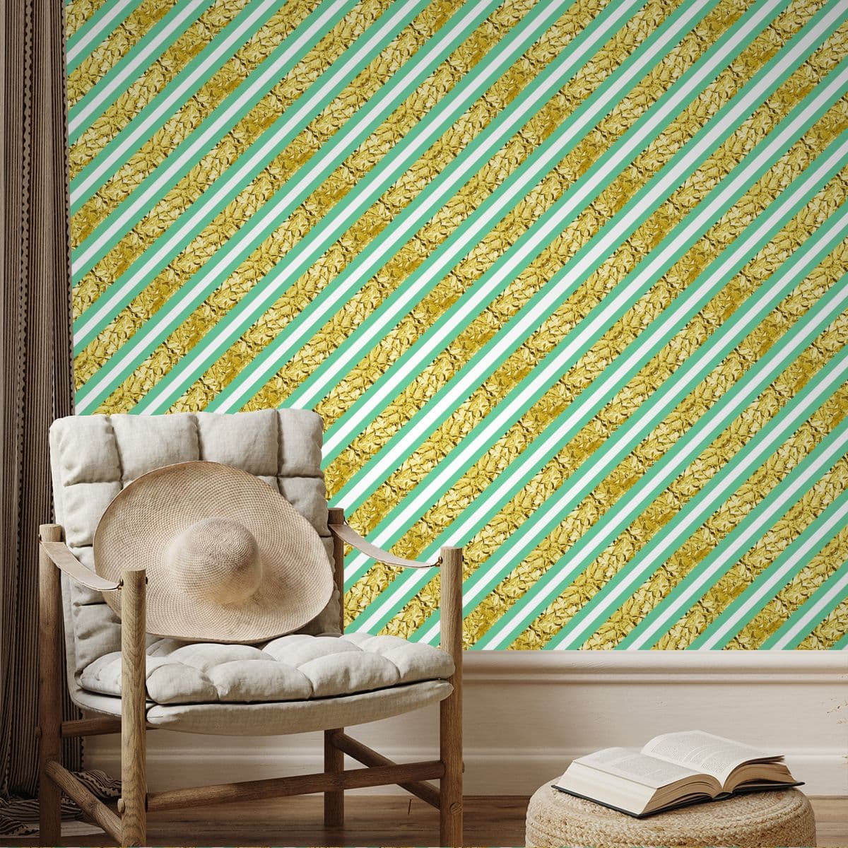 Teal Gold White Pattern Wallpaper For Wall shown in a room