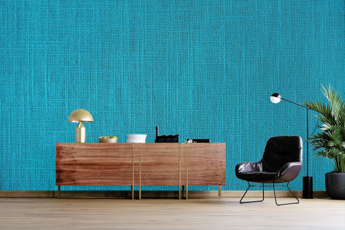 Teal Blue Fabric Texture Wallpaper for Wall shown in a room