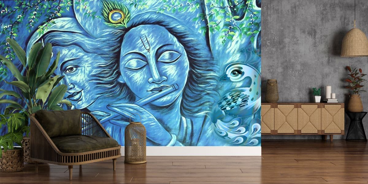 Mesmerizing and Serene Radha Krishna Mural Wallpaper shown in a room