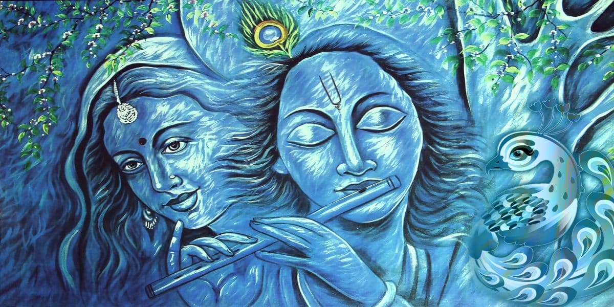 Mesmerizing and Serene Radha Krishna Mural Wallpaper pattern detail