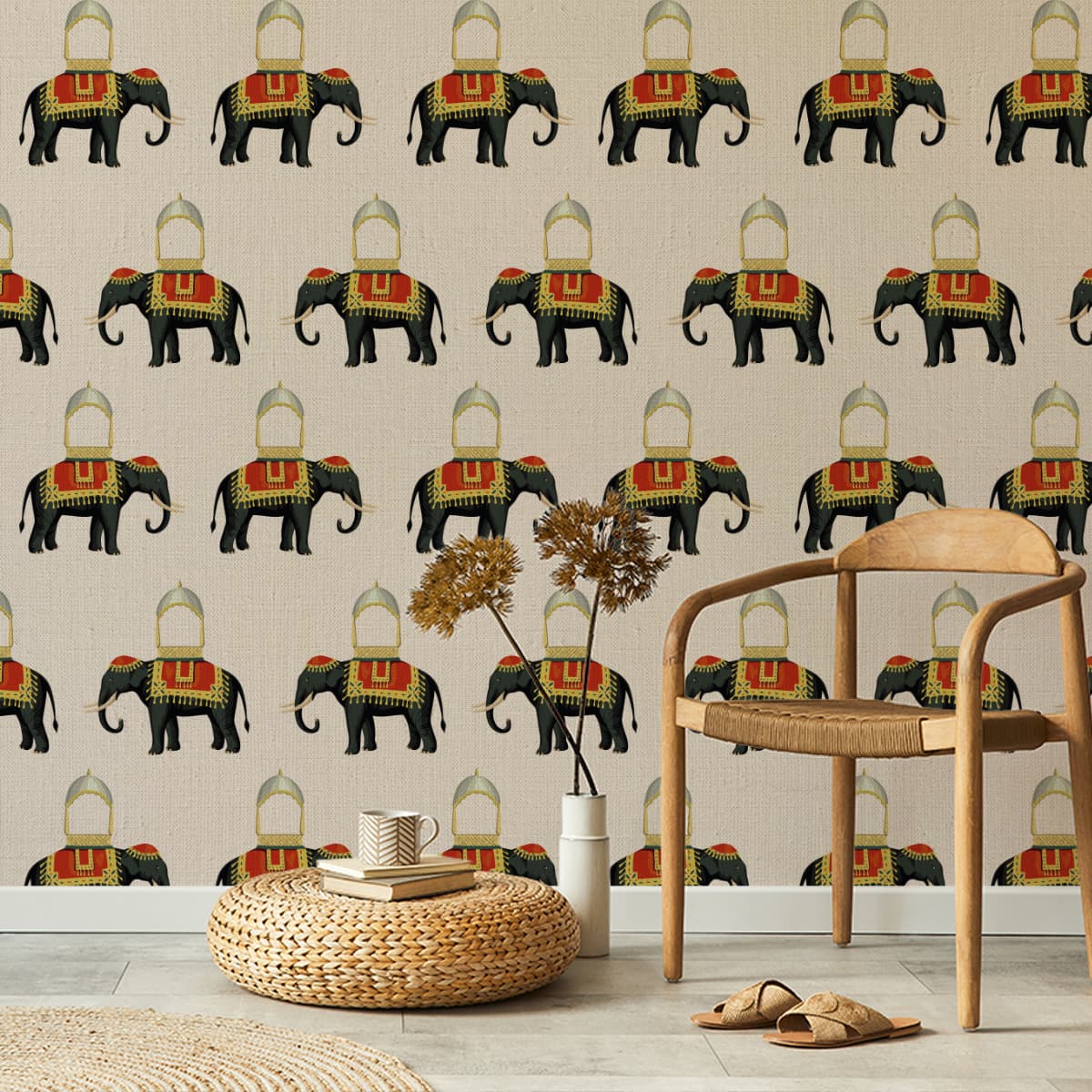 Grandeur Tusk Embossed Living Room Mural Wallpaper shown in a room