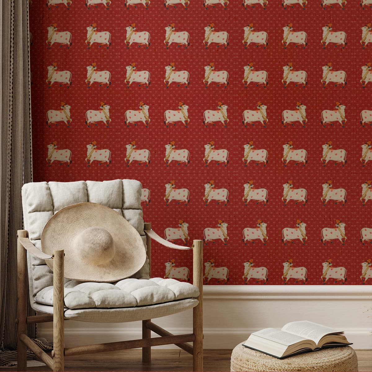Red Luxury Pichwai Wallpaper for Wall shown in a room