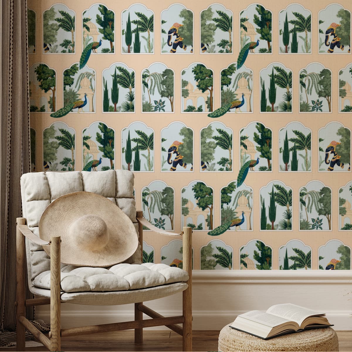 Mughal Majesty Premium Peacock Texture Wallpaper shown in a room