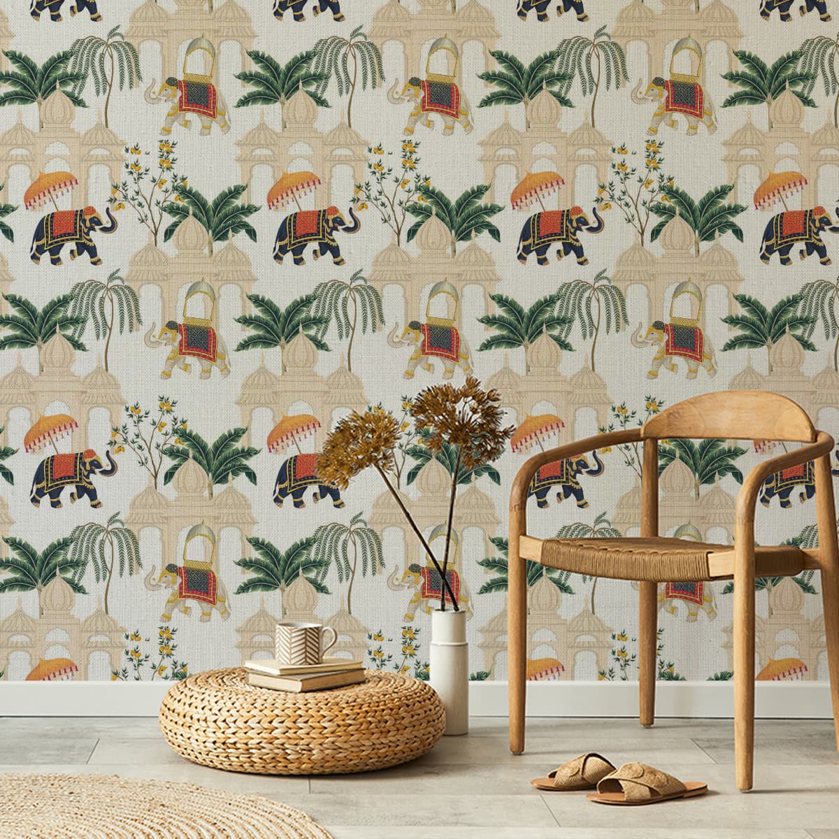 Nilaami Noor Platinum Elephant Texture Wallpaper shown in a room