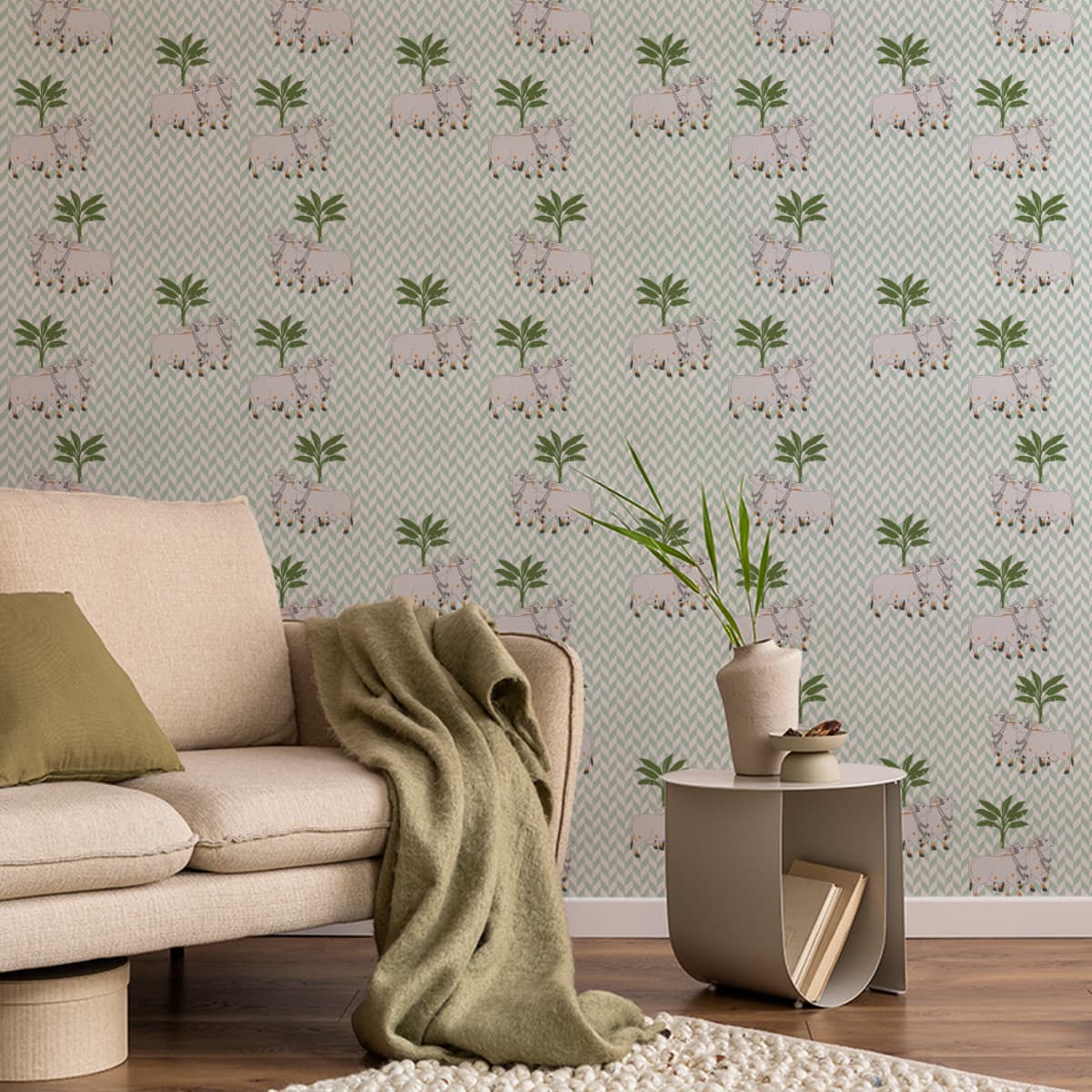 Royal Pichwai Inspired Indian Heritage Wall Mural Wallpaper shown in a room