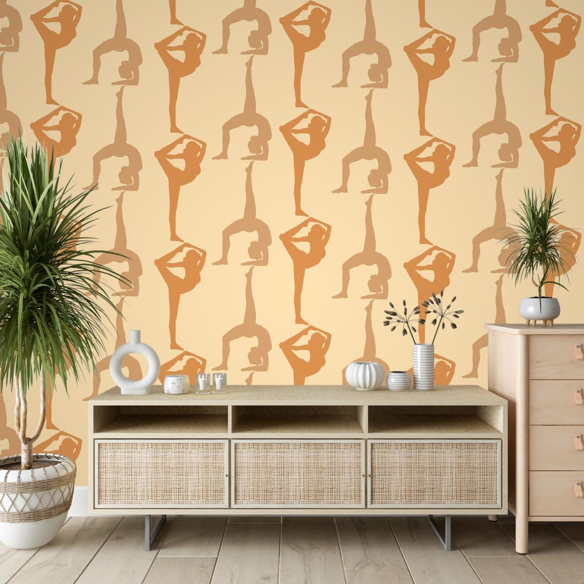 Yoga Poses Pattern Wallpaper Design shown in a room