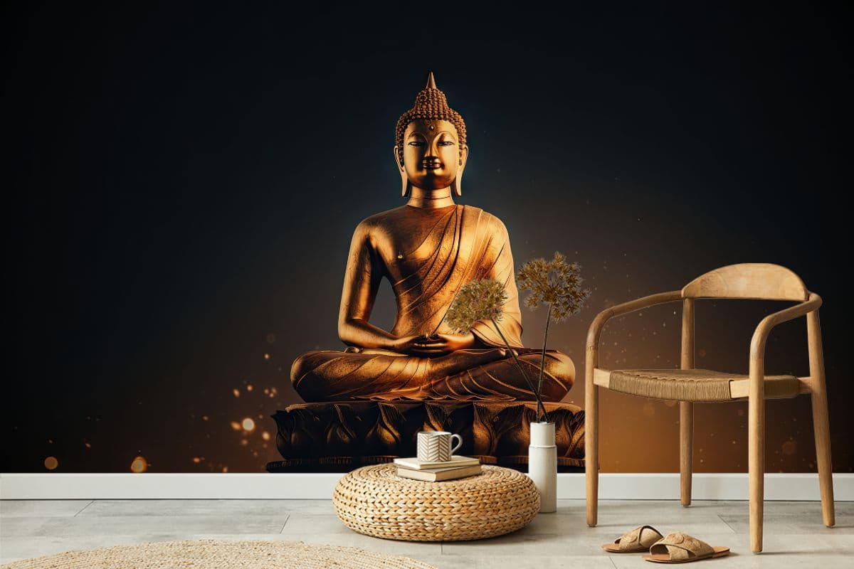 Gilded Tranquillity Golden Buddha Wall Mural shown in a room