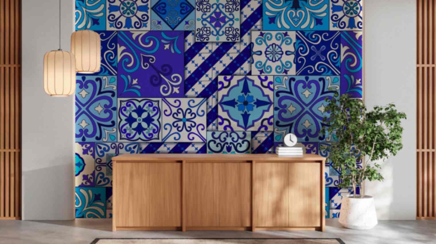 Premium Geometric Mosaic Interior Decor Wallpaper shown in a room