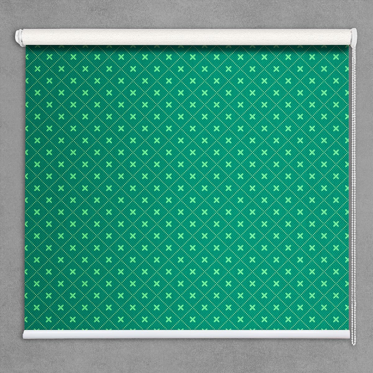 Green Geometric Pattern Roller Window Blinds shown in a room