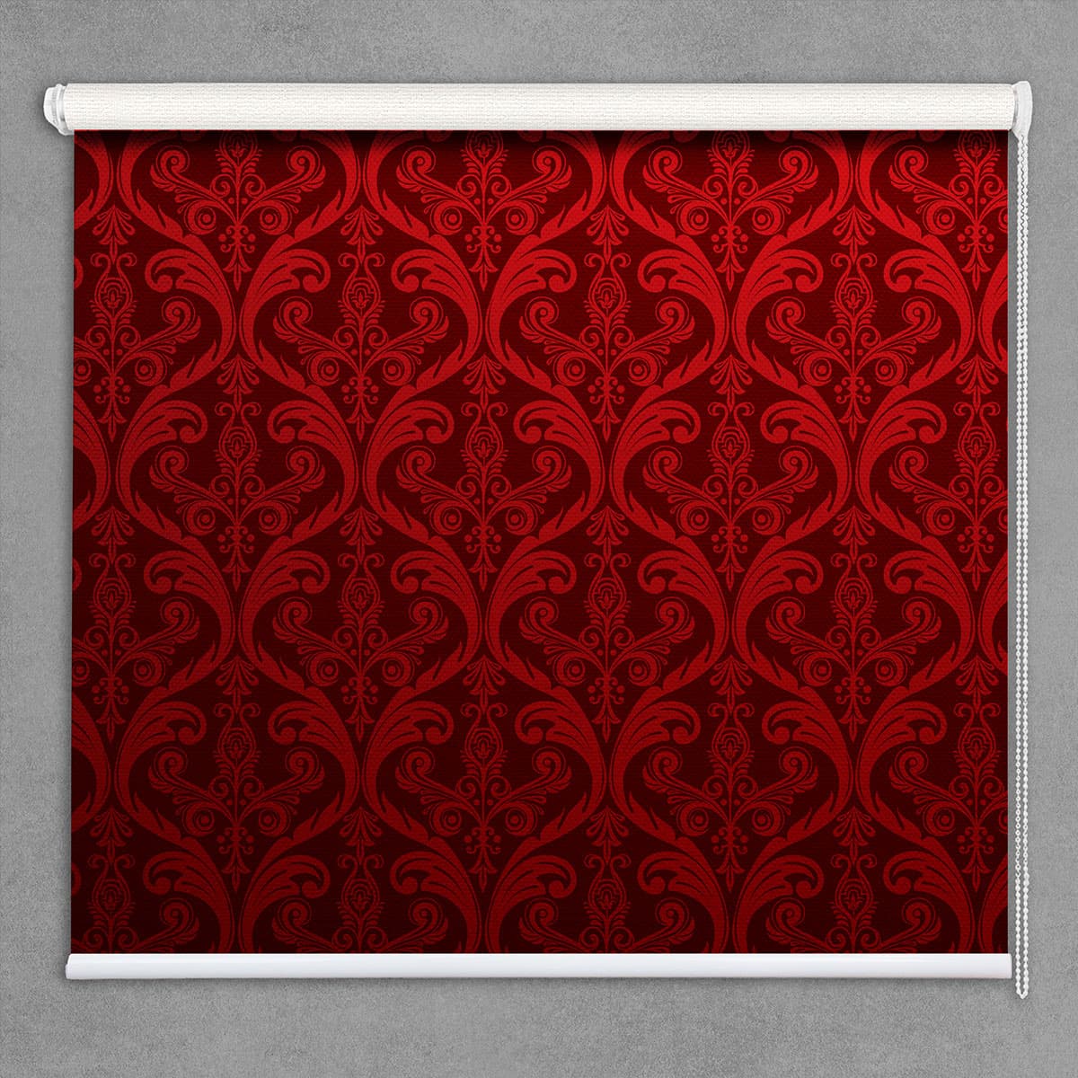 Scarlet Scrolls Red Damask Pattern Roller Blinds shown in a room