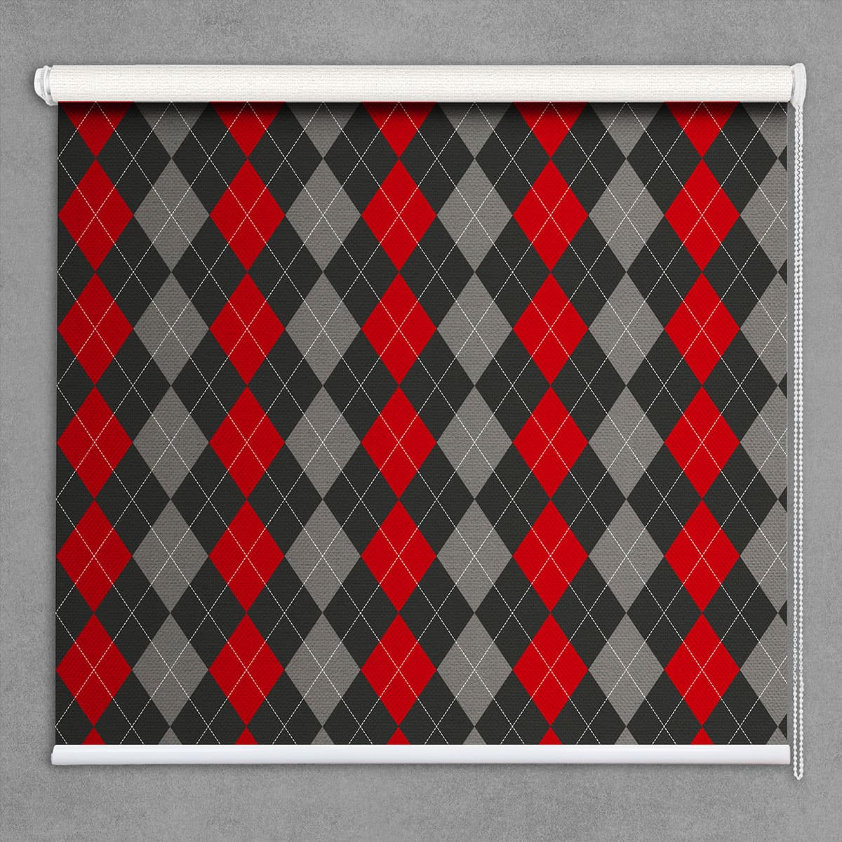 Red Revival Grey Patterned Roller Blinds shown in a room