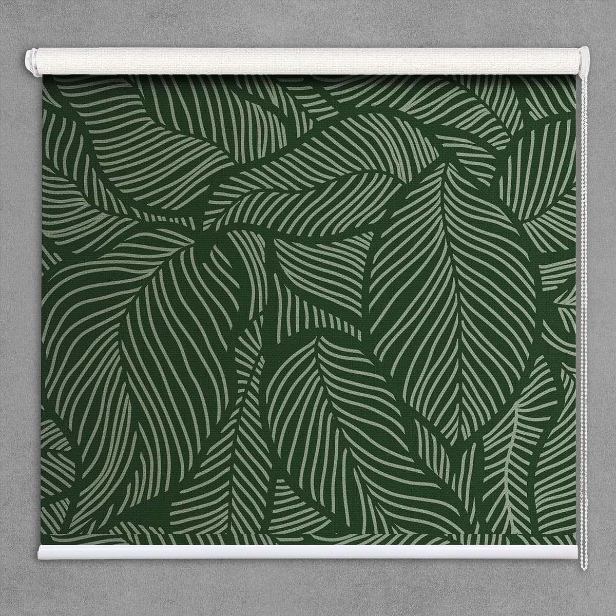 Dark Green leaves Patterned Roller Blinds shown in a room