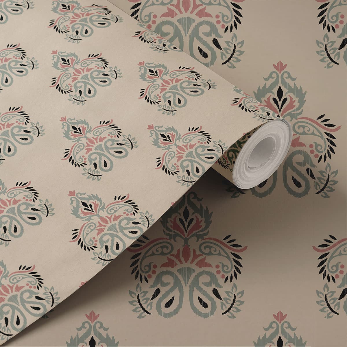 Off White Stencil Designs Wallpaper Roll shown in a room