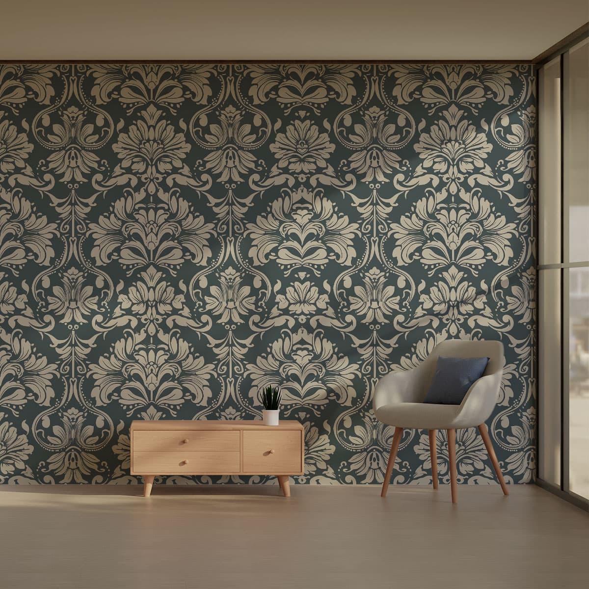Grey Damask Wallpaper Roll pattern detail
