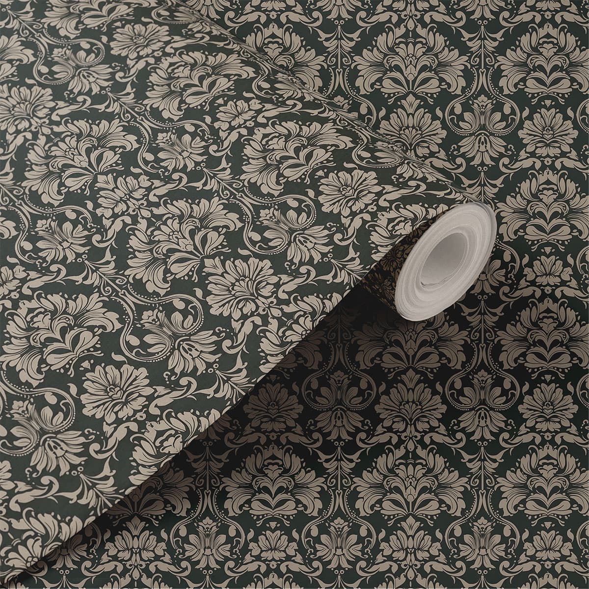 Grey Damask Wallpaper Roll shown in a room