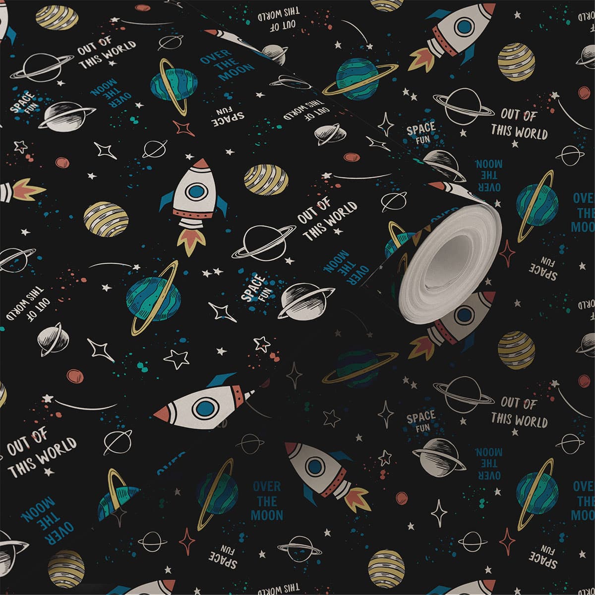 Kids Room Galaxy Wallpaper Roll shown in a room