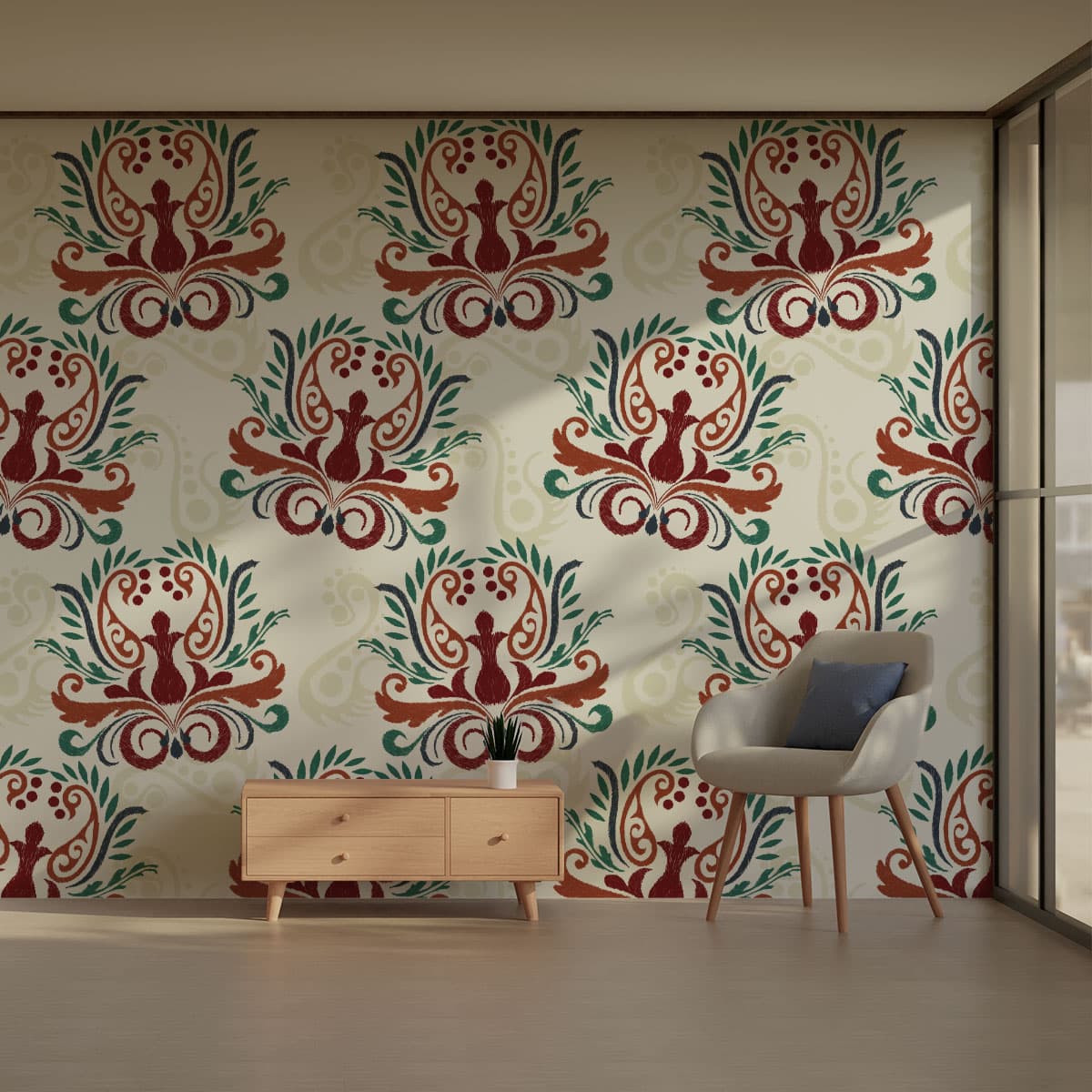Red and Green Stencil-Inspired Wallpaper Roll pattern detail