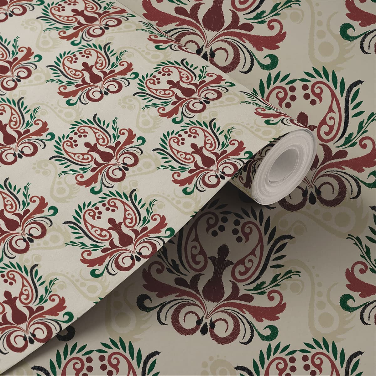 Red and Green Stencil-Inspired Wallpaper Roll shown in a room