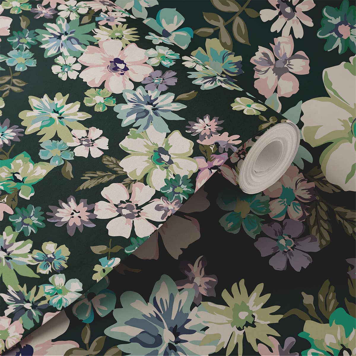 Swirly Floral Whimsy Wallpaper Roll shown in a room