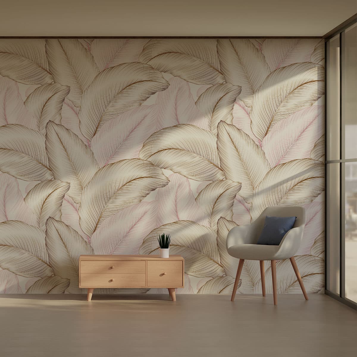 Tropical White Paradise Wallpaper Roll shown in a room