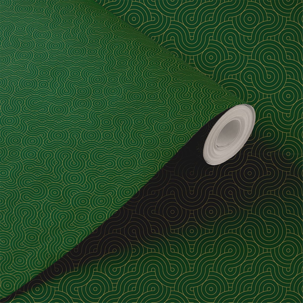 Dark Green & Gold Pattern Wallpaper Roll shown in a room
