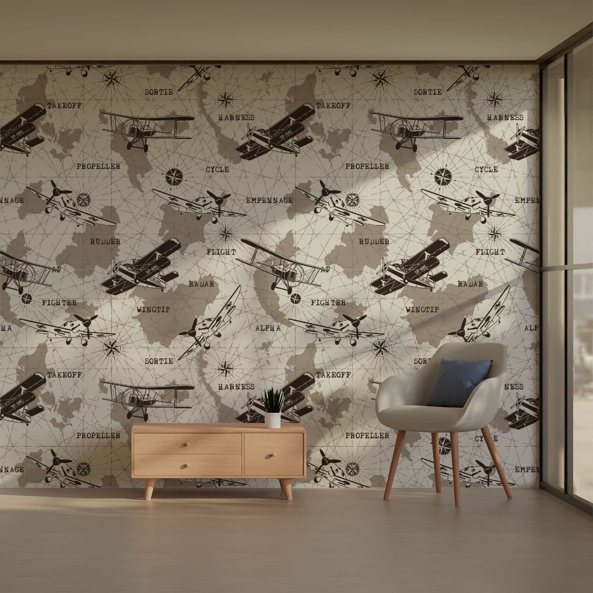 World Map and Planes Wallpaper Roll pattern detail