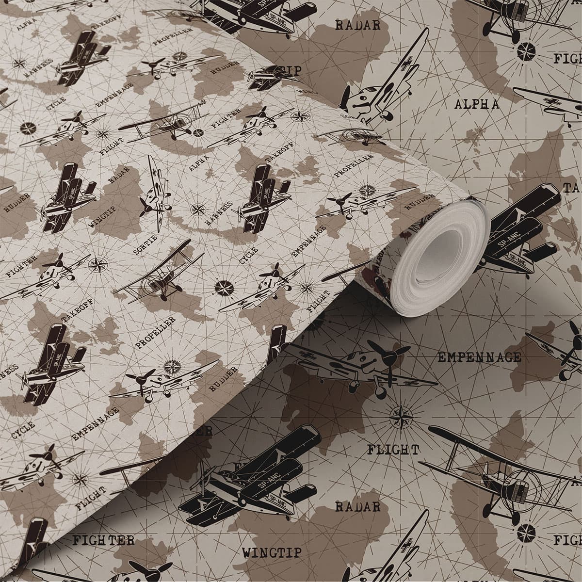 World Map and Planes Wallpaper Roll shown in a room