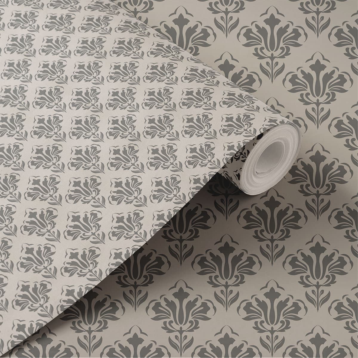 Grey and White Damask Wallpaper Roll shown in a room