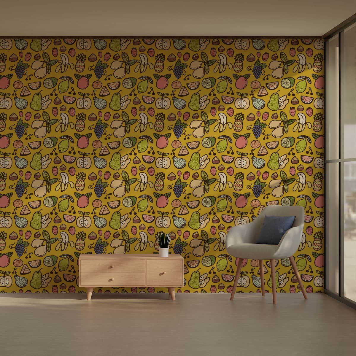 Yellow Mixed Fruits Wallpaper Roll pattern detail