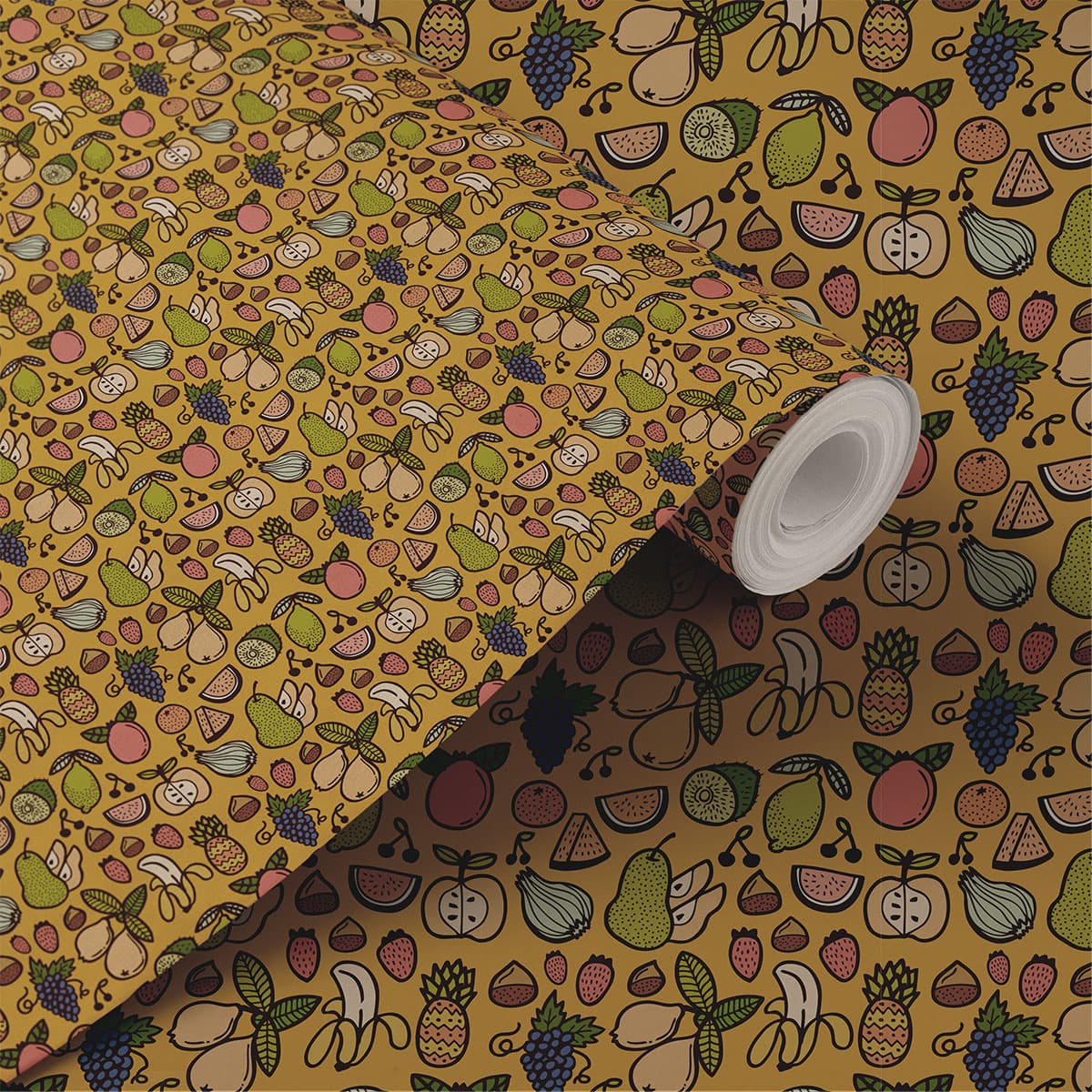 Yellow Mixed Fruits Wallpaper Roll shown in a room
