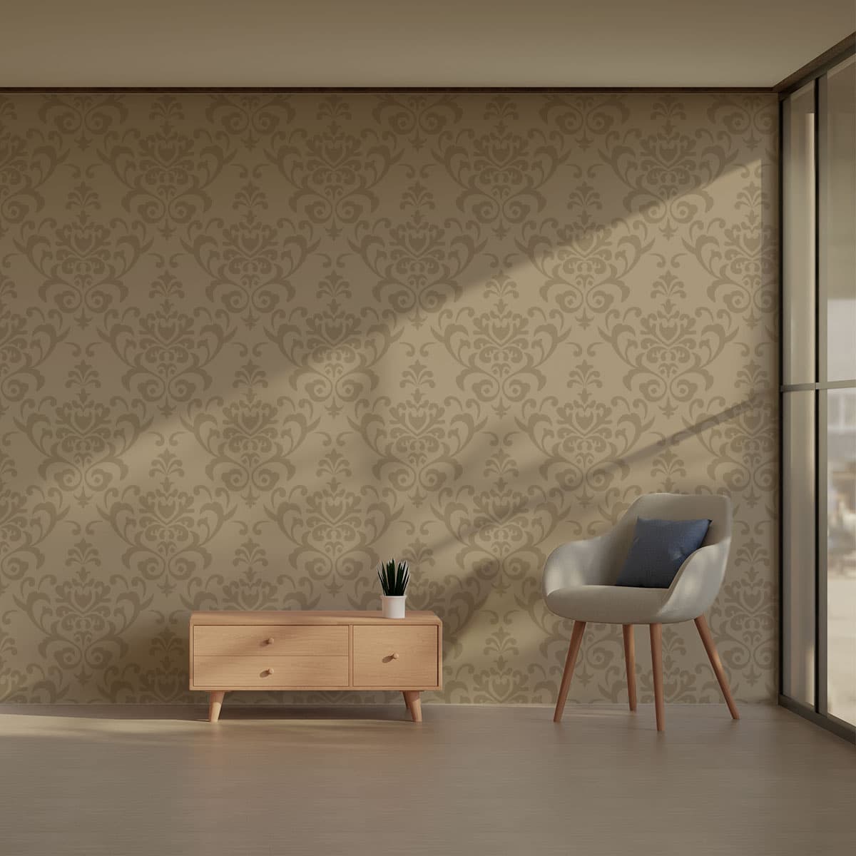 Khaki Damask Elegance Wallpaper Roll pattern detail
