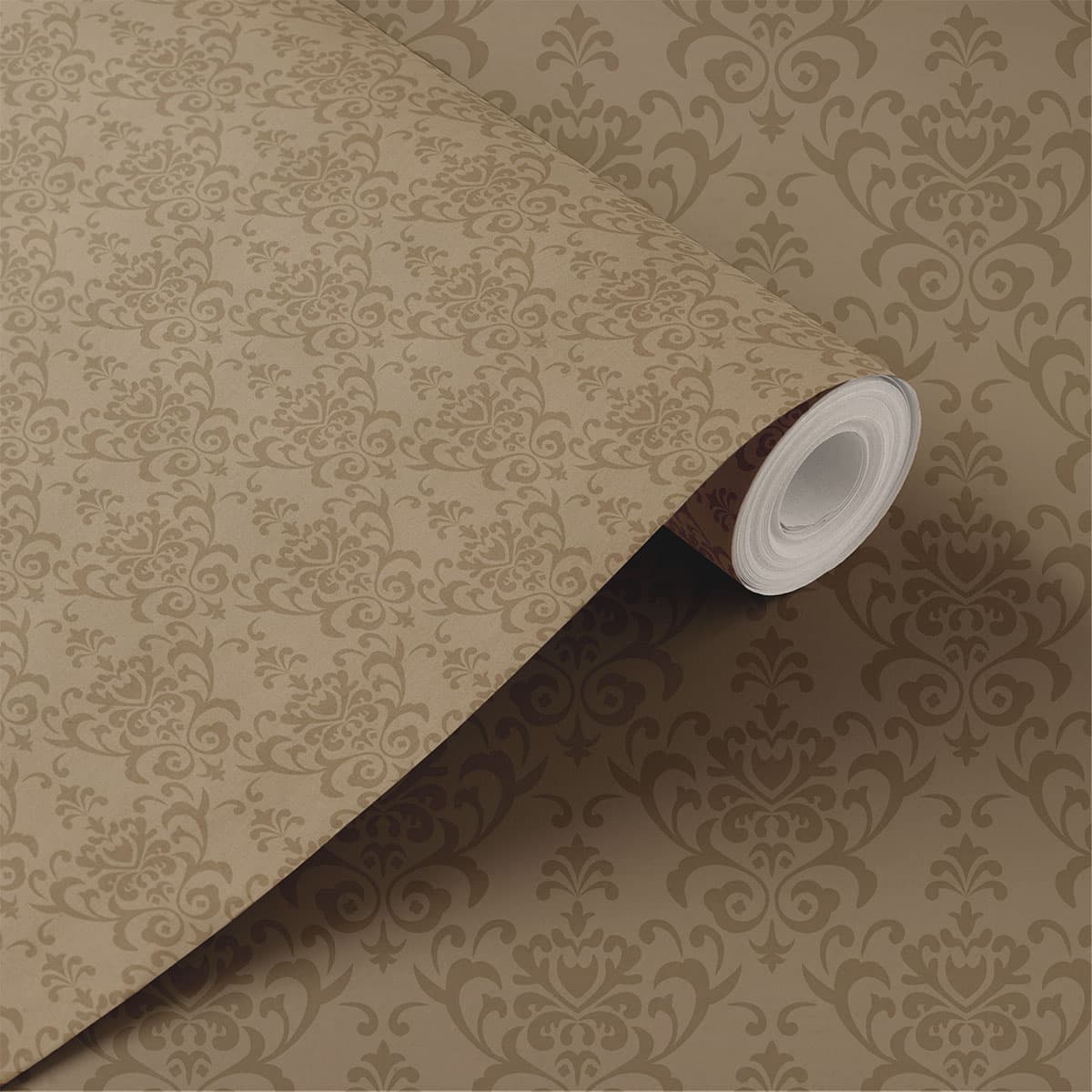 Khaki Damask Elegance Wallpaper Roll shown in a room