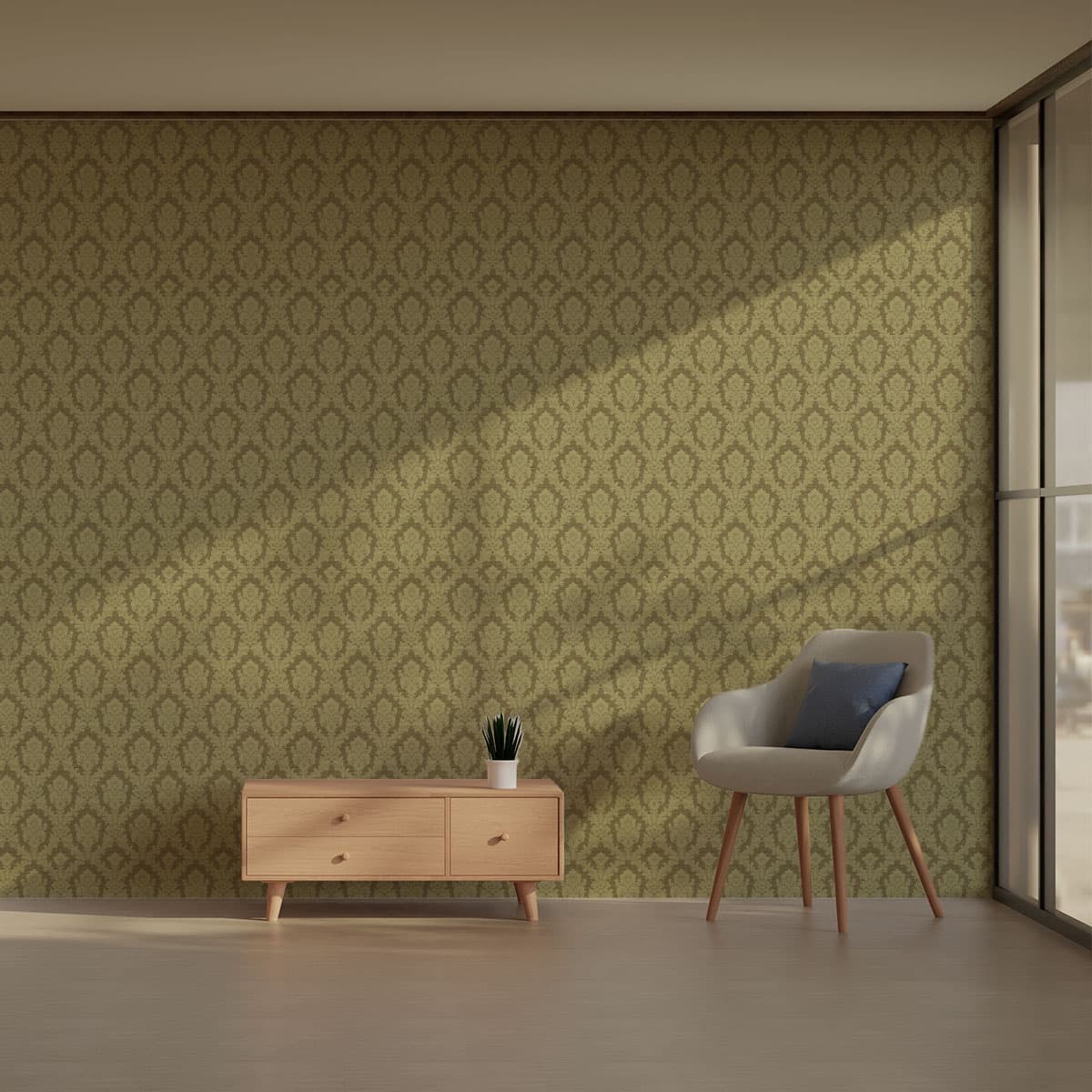 Olive Elegance Damask Pattern Wallpaper Roll pattern detail
